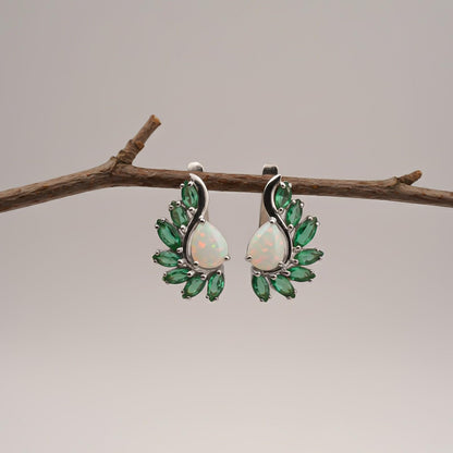 Silver Opal & Emerald Leaf Designer Earrings