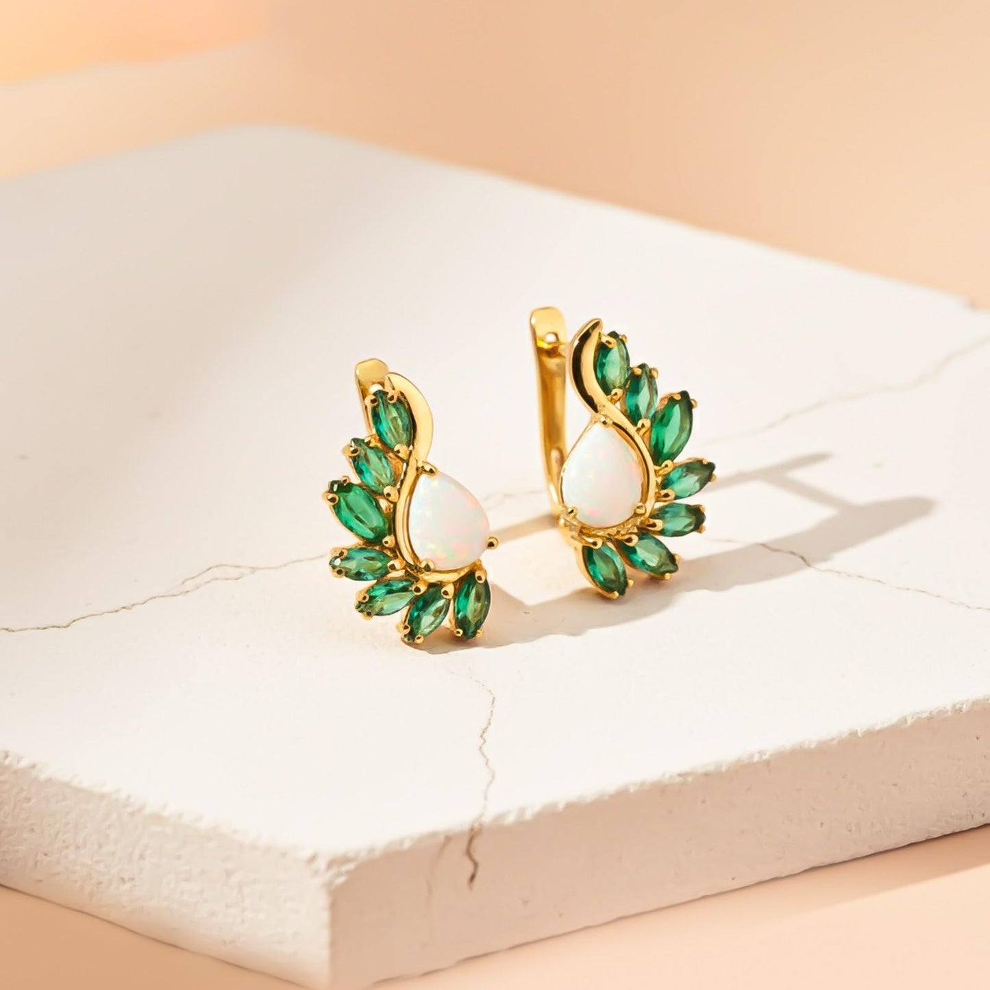 Silver Opal & Emerald Leaf Designer Earrings