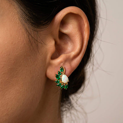 Silver Opal & Emerald Leaf Designer Earrings