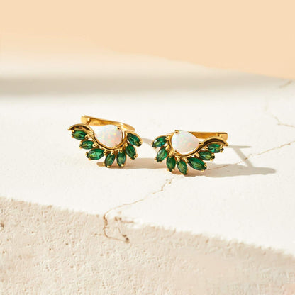 Silver Opal & Emerald Leaf Designer Earrings