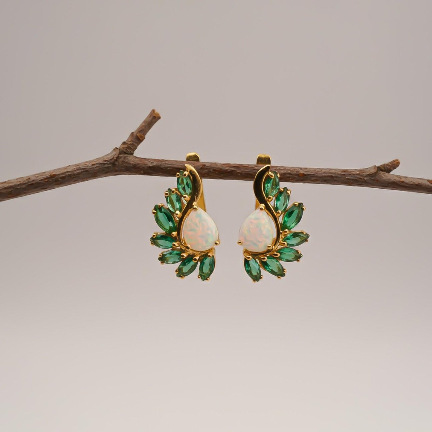 Silver Opal & Emerald Leaf Designer Earrings