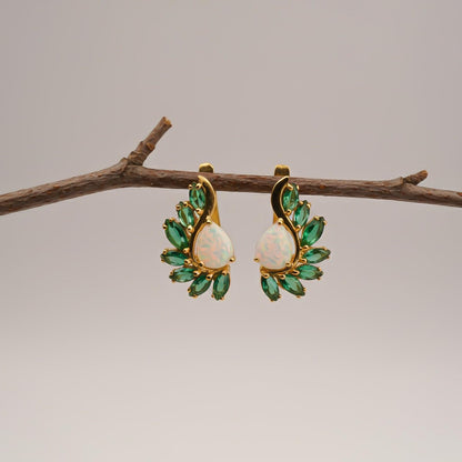 Silver Opal & Emerald Leaf Designer Earrings