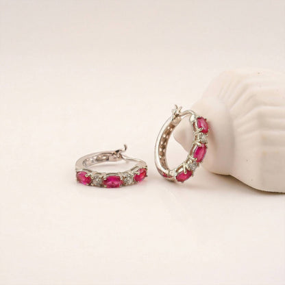 Silver Pink Ruby Half Hoop Earrings