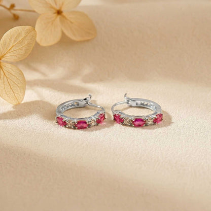 Silver Pink Ruby Half Hoop Earrings