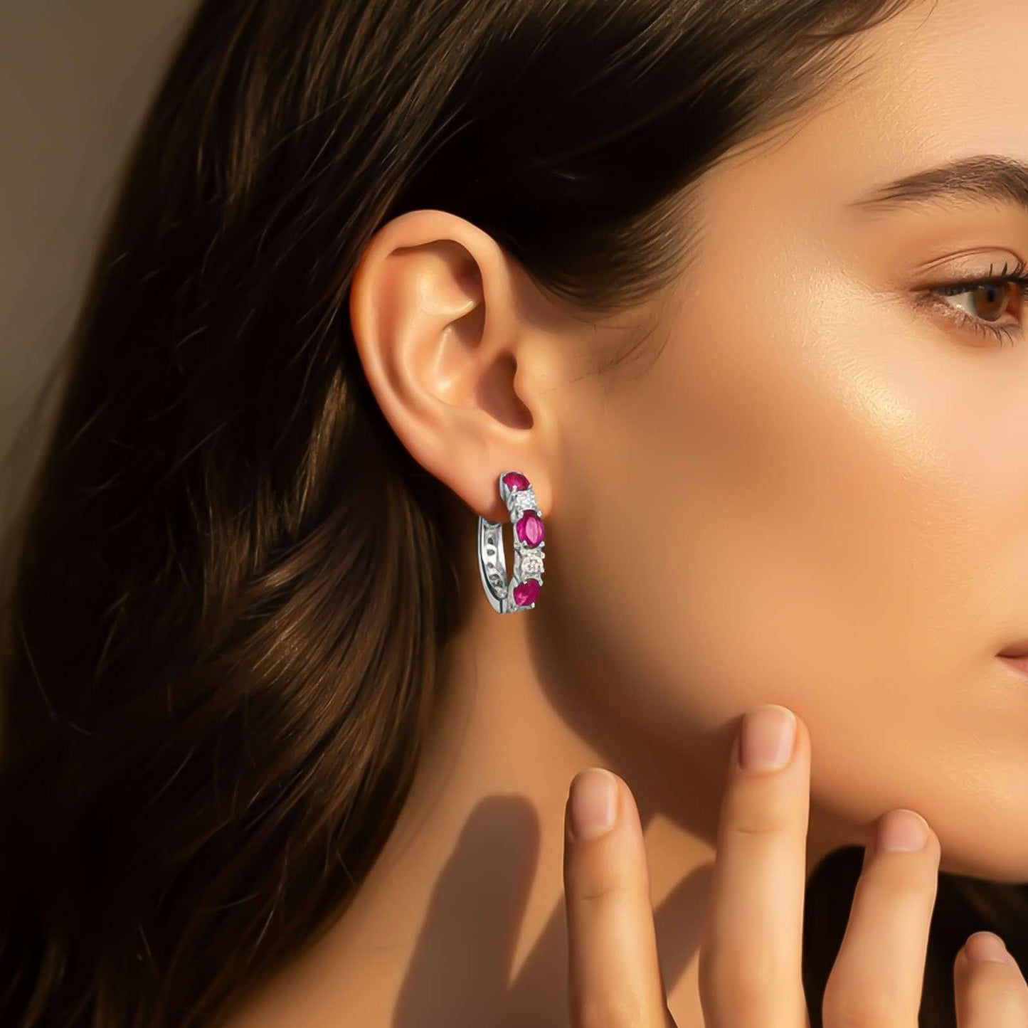 Silver Pink Ruby Half Hoop Earrings