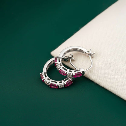 Silver Pink Ruby Half Hoop Earrings