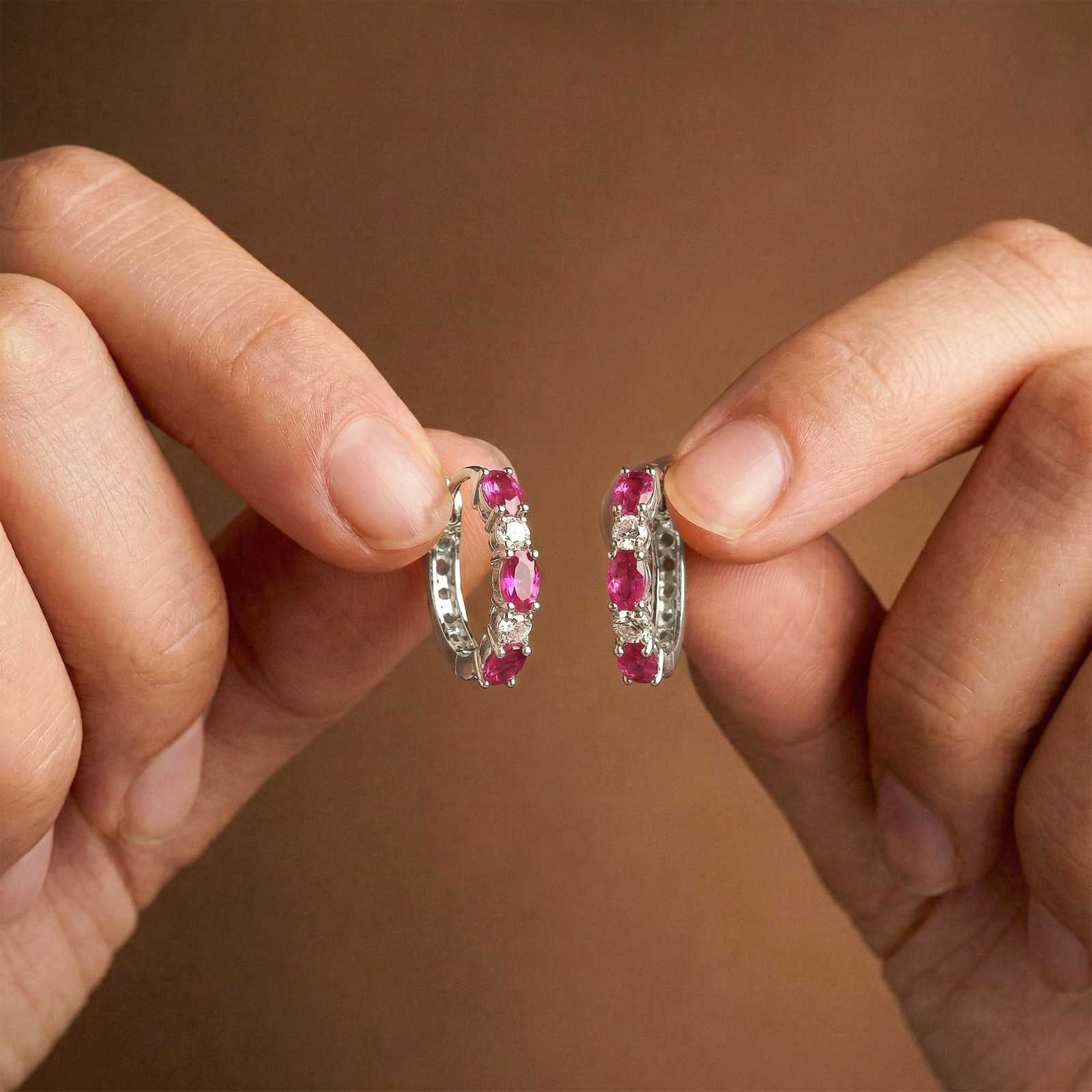 Silver Pink Ruby Half Hoop Earrings