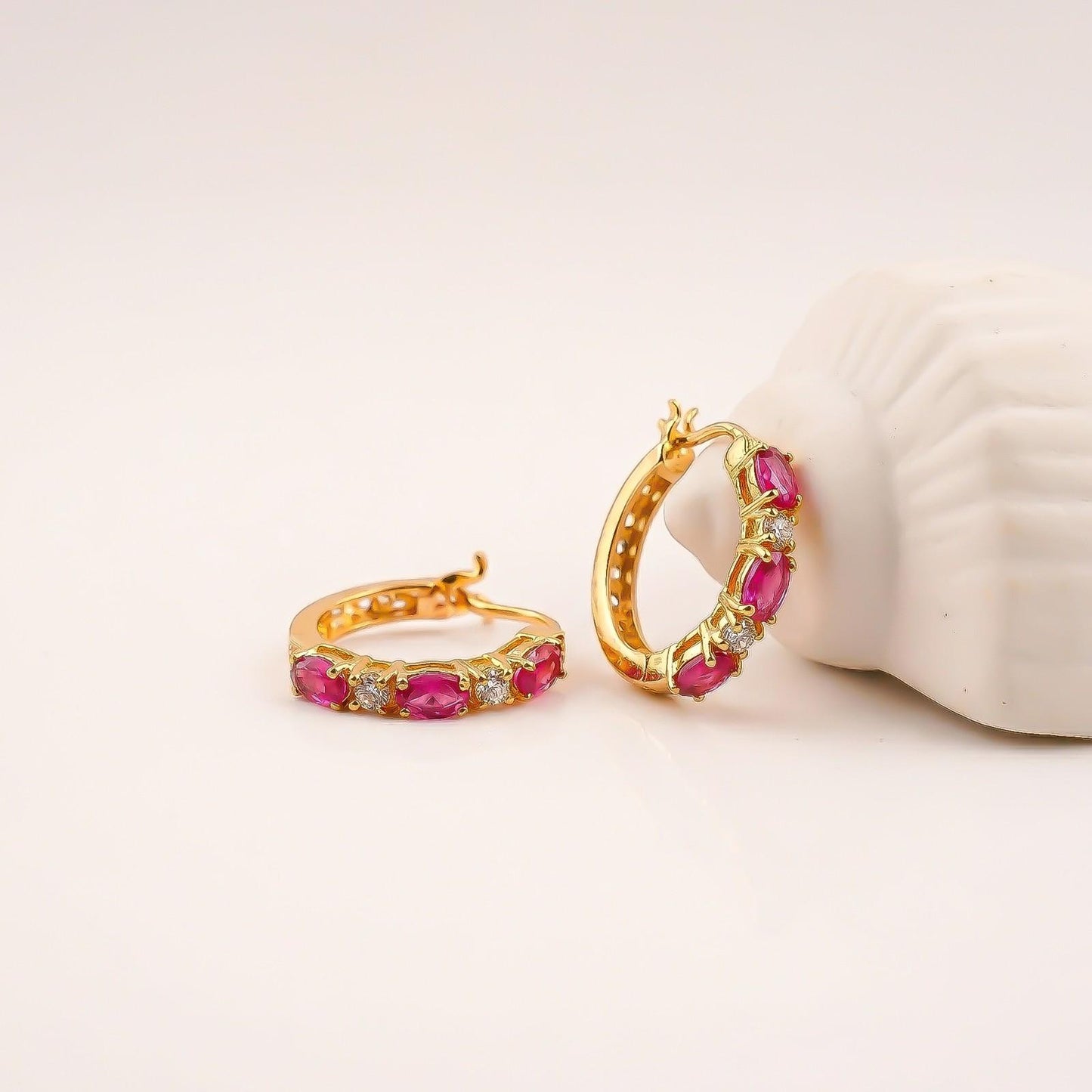 Silver Pink Ruby Half Hoop Earrings