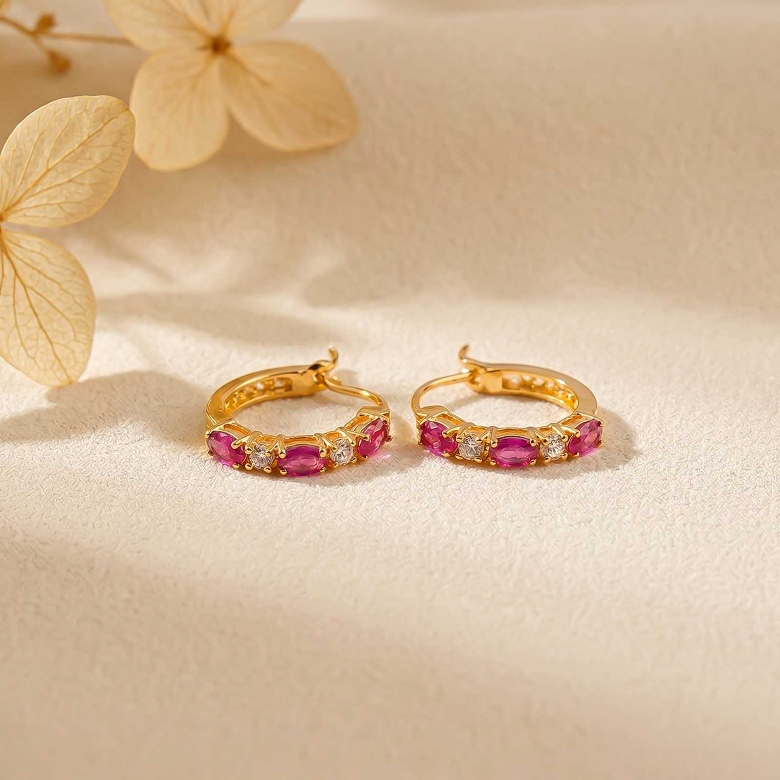 Silver Pink Ruby Half Hoop Earrings