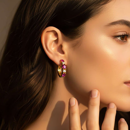 Silver Pink Ruby Half Hoop Earrings