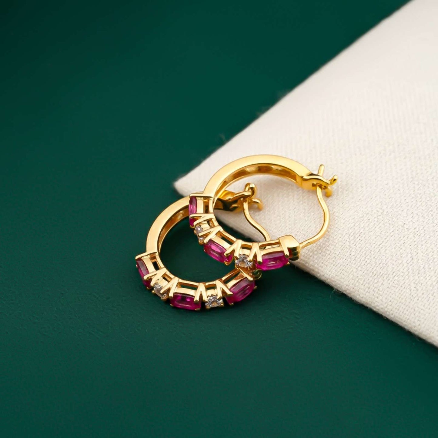 Silver Pink Ruby Half Hoop Earrings