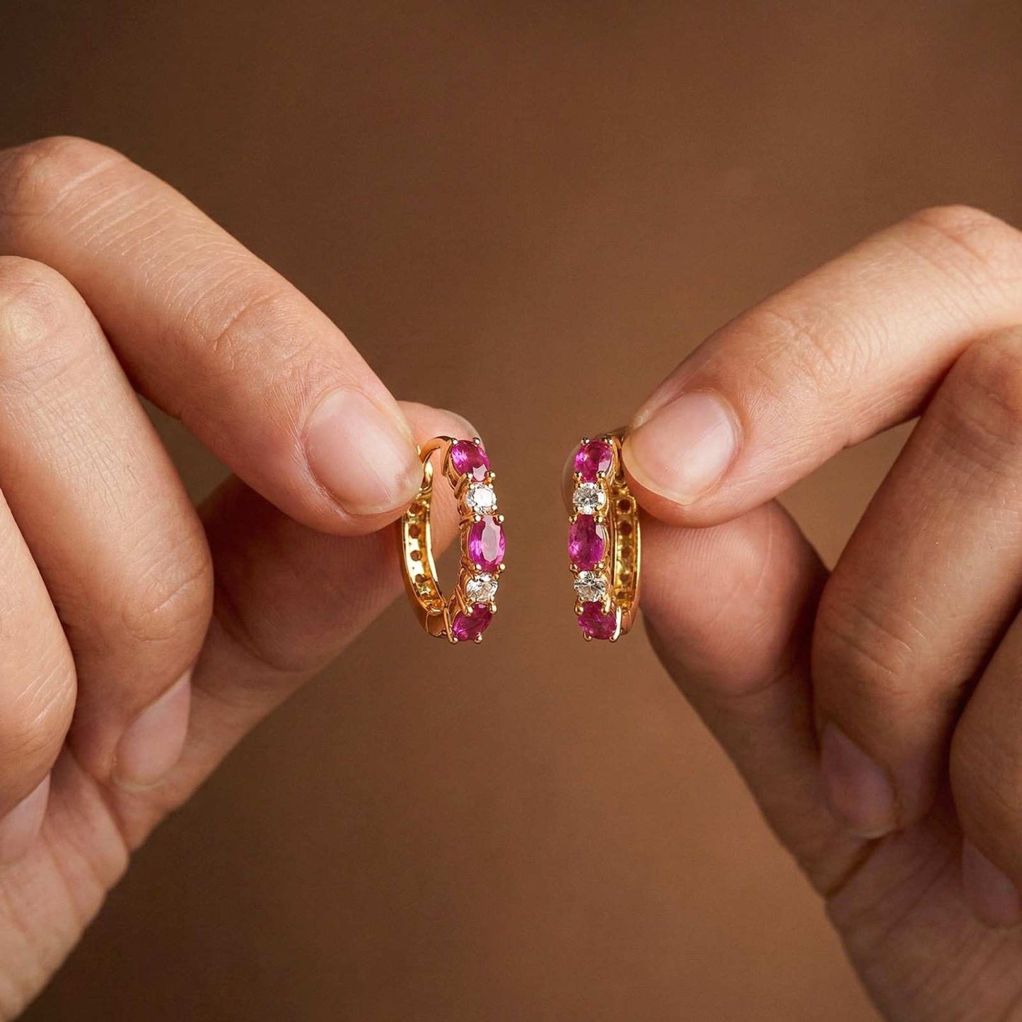 Silver Pink Ruby Half Hoop Earrings