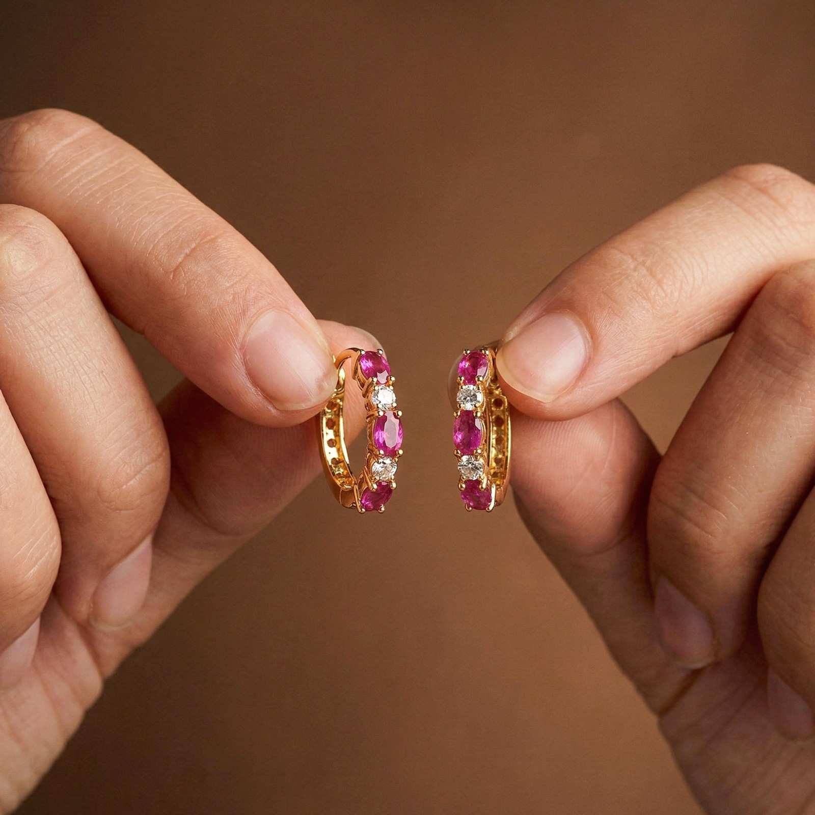 Silver Pink Ruby Half Hoop Earrings