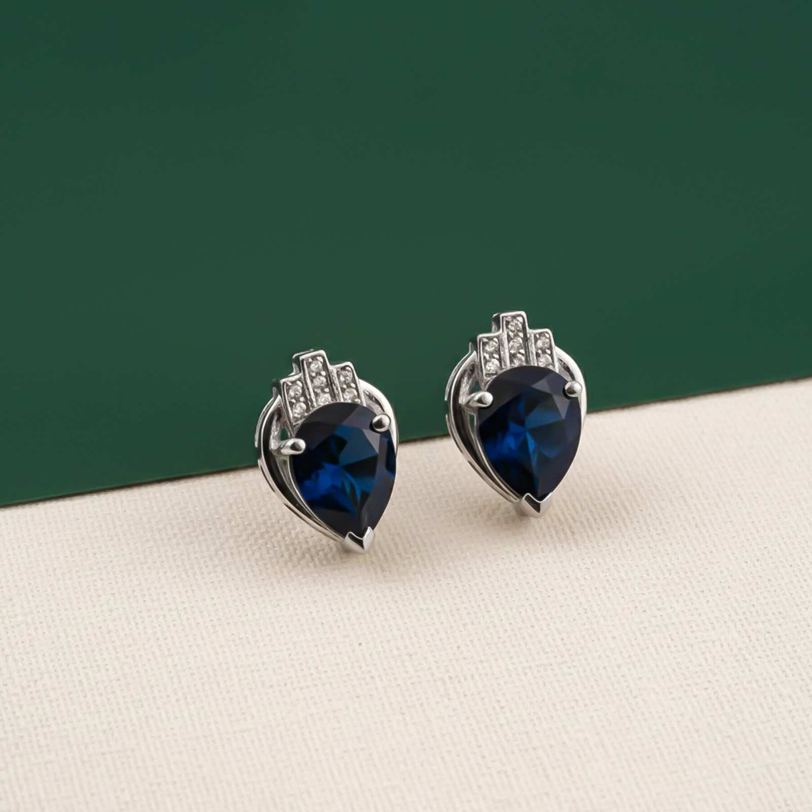 Silver Blue Sapphire Crown Stud Earrings