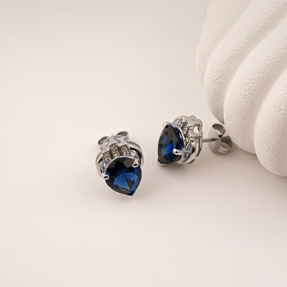 Silver Blue Sapphire Crown Stud Earrings