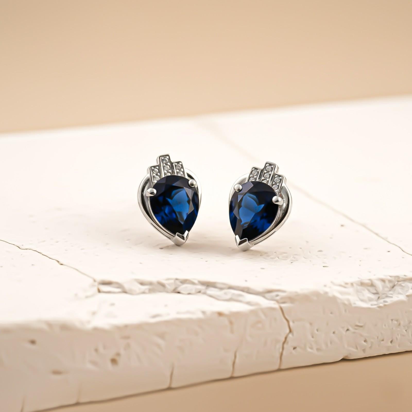 Silver Blue Sapphire Crown Stud Earrings