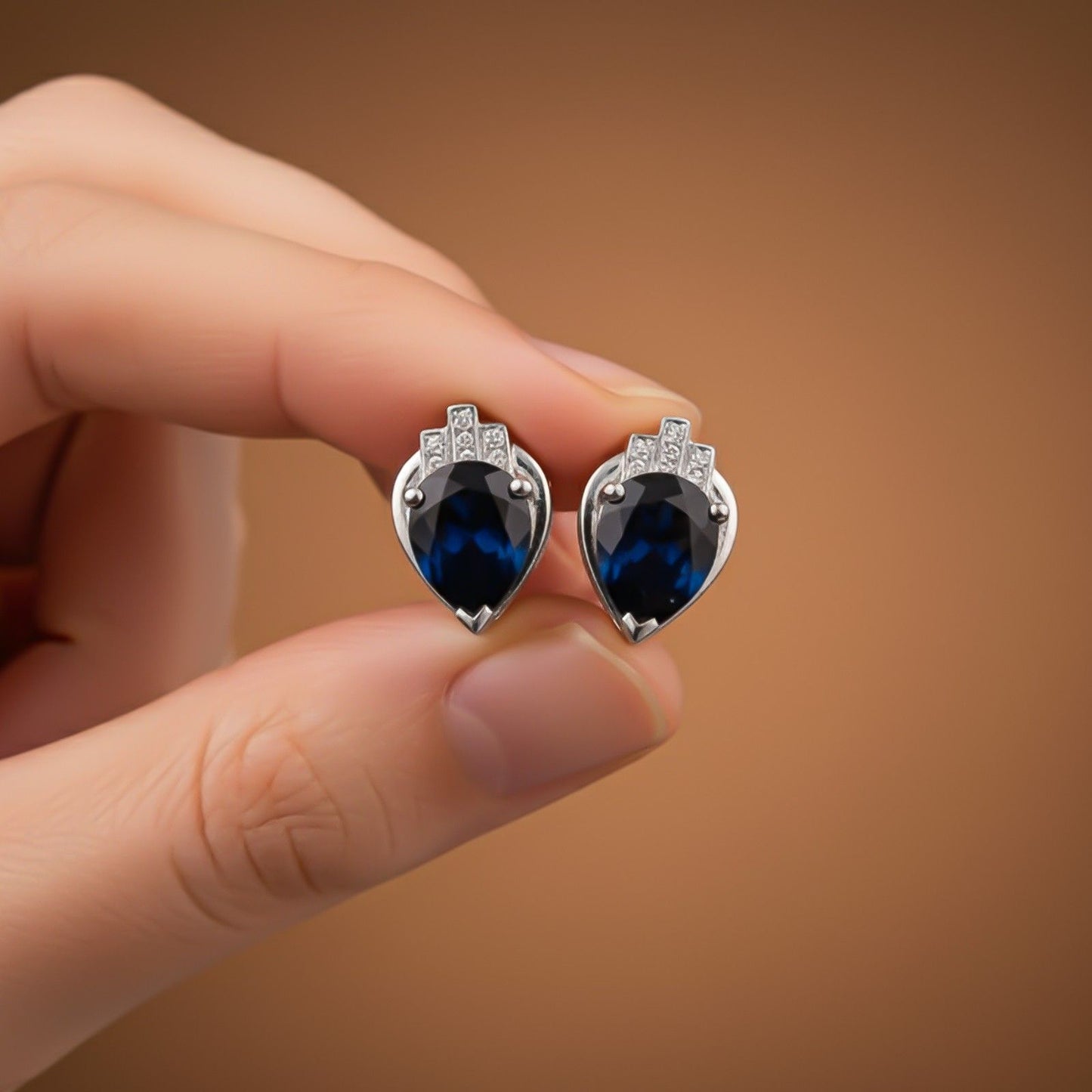 Silver Blue Sapphire Crown Stud Earrings