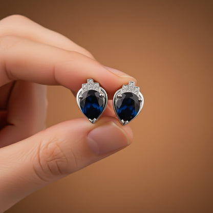 Silver Blue Sapphire Crown Stud Earrings