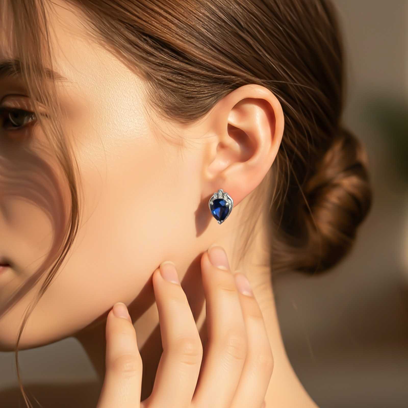 Silver Blue Sapphire Crown Stud Earrings