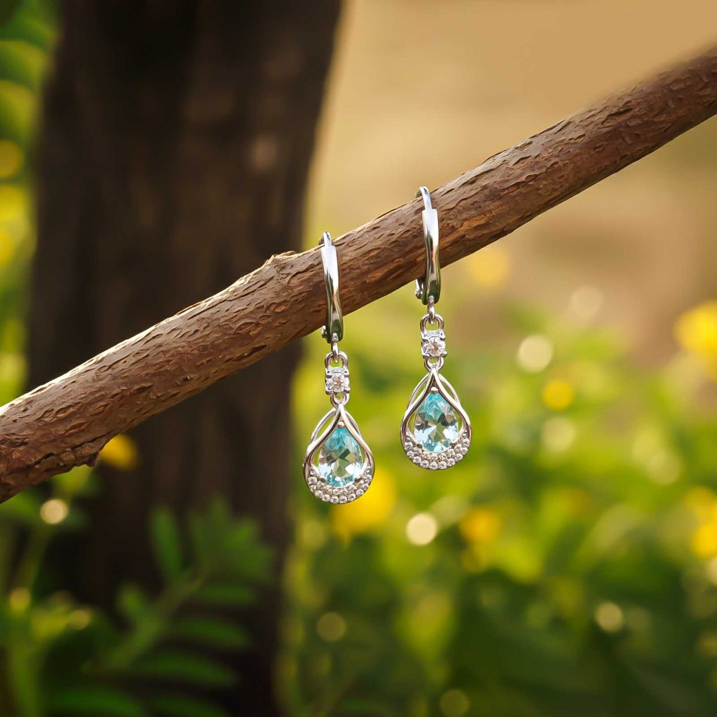 Silver Aquamarine Teardrop Halo Dangle Earrings