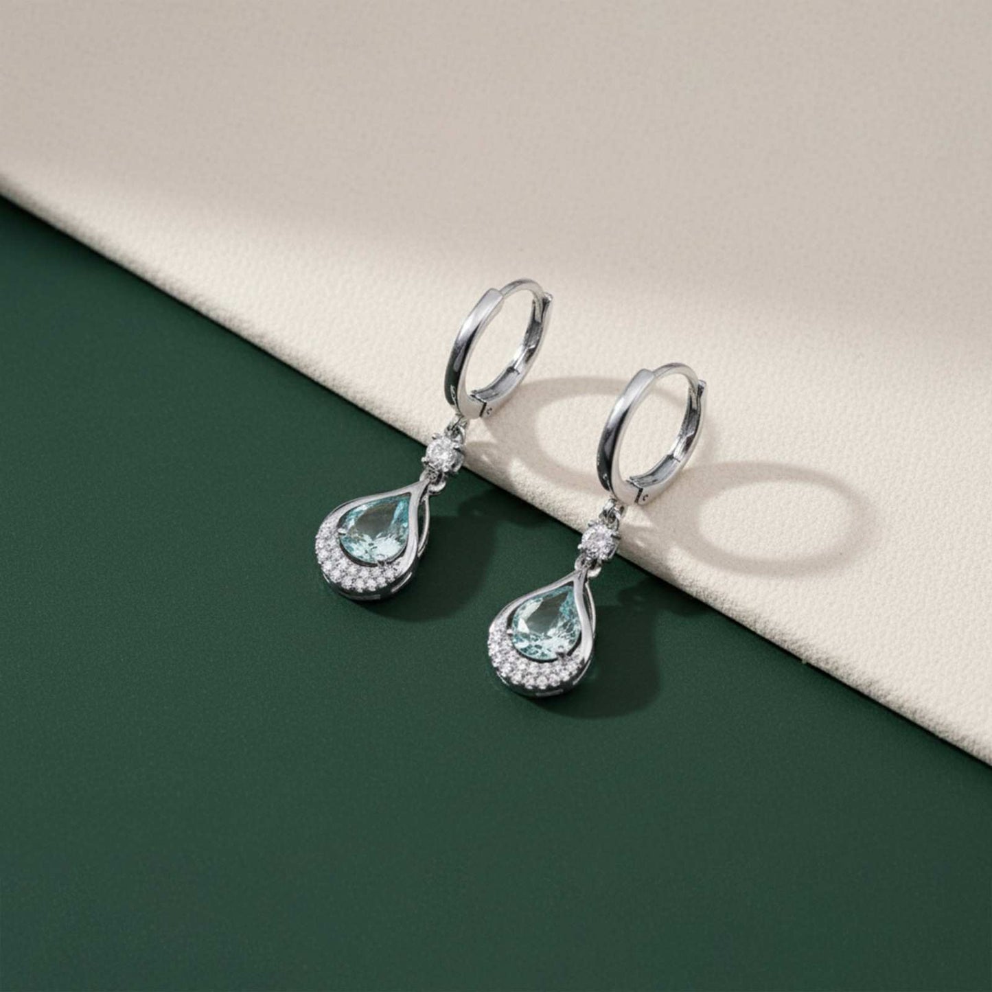 Silver Aquamarine Teardrop Halo Dangle Earrings