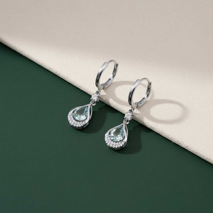 Silver Aquamarine Teardrop Halo Dangle Earrings
