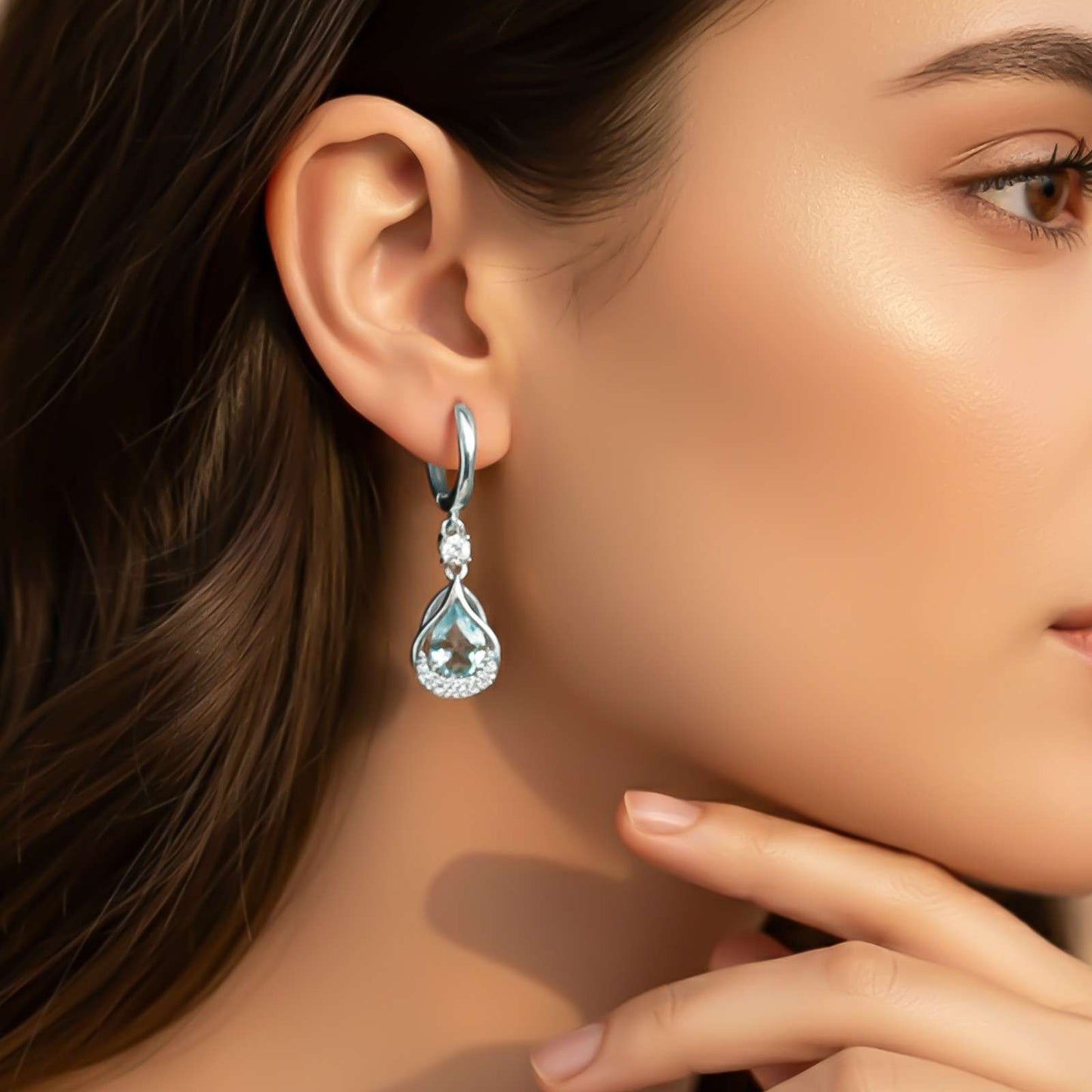Silver Aquamarine Teardrop Halo Dangle Earrings