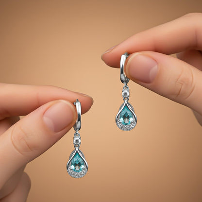 Silver Aquamarine Teardrop Halo Dangle Earrings