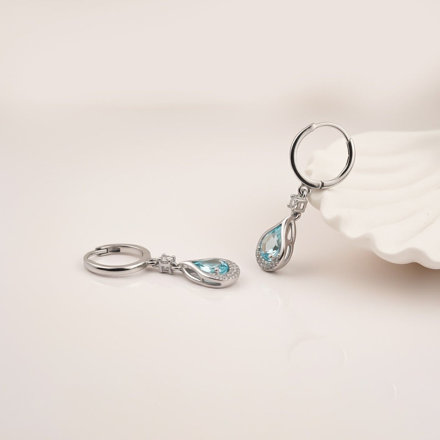 Silver Aquamarine Teardrop Halo Dangle Earrings