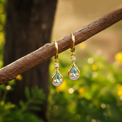 Silver Aquamarine Teardrop Halo Dangle Earrings