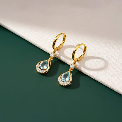 Silver Aquamarine Teardrop Halo Dangle Earrings