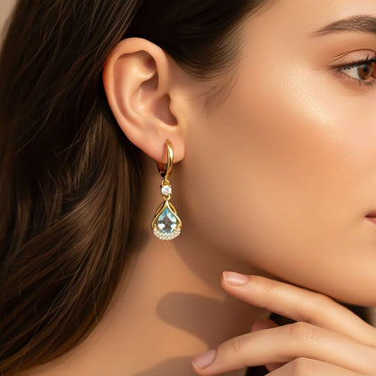 Silver Aquamarine Teardrop Halo Dangle Earrings