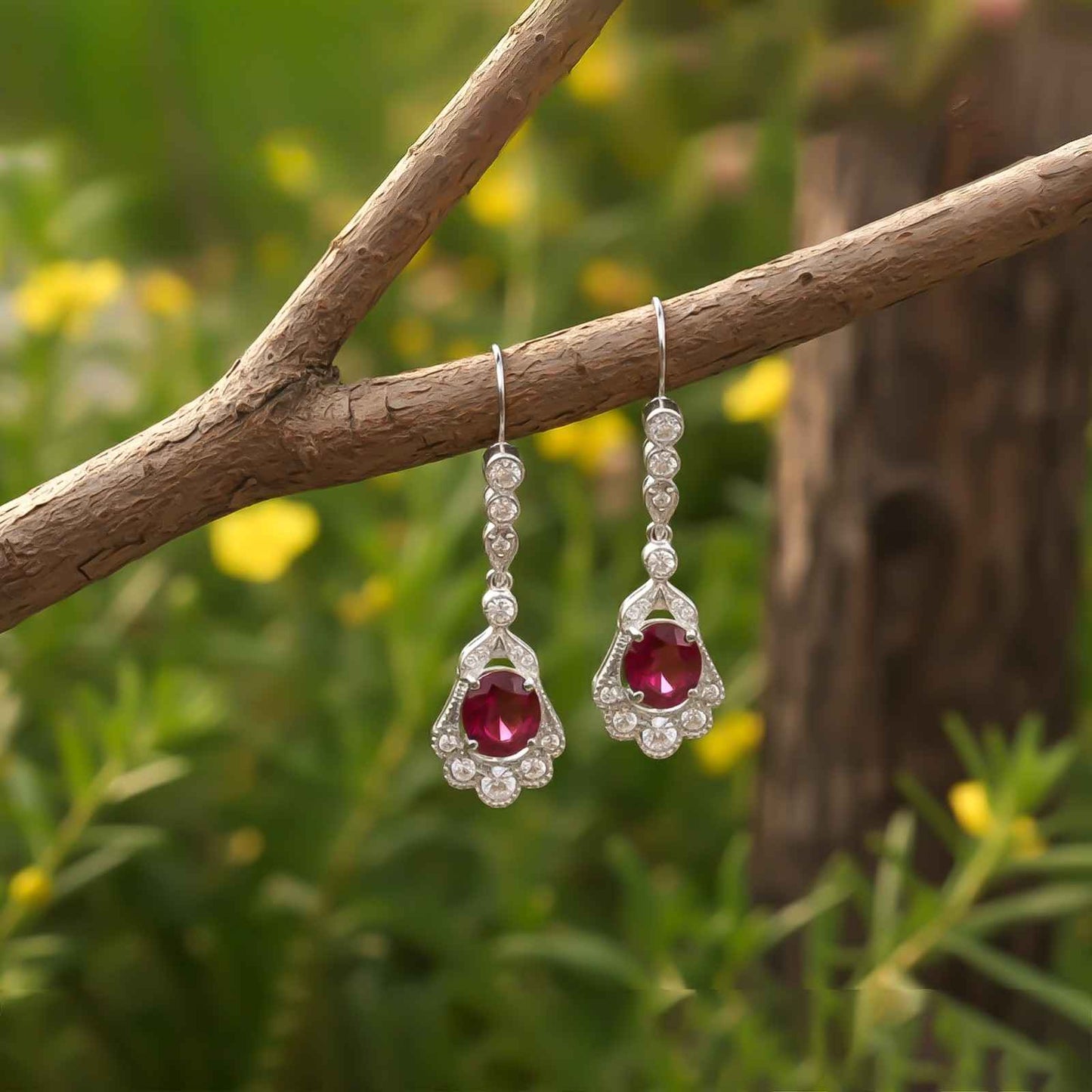 Silver Red Ruby Vintage Drop Earrings