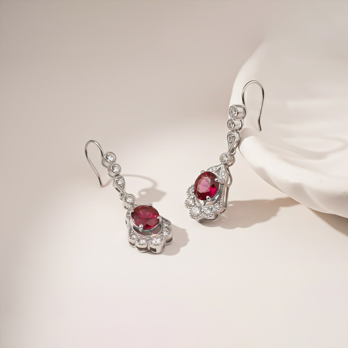 Silver Red Ruby Vintage Drop Earrings