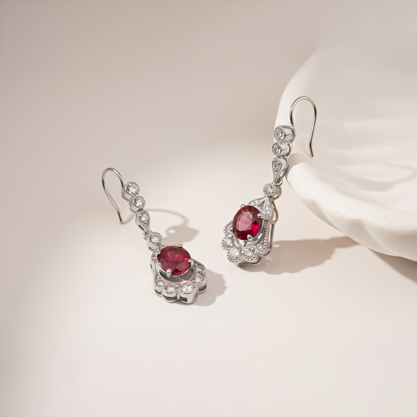 Silver Red Ruby Vintage Drop Earrings