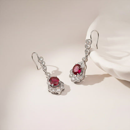 Silver Red Ruby Vintage Drop Earrings