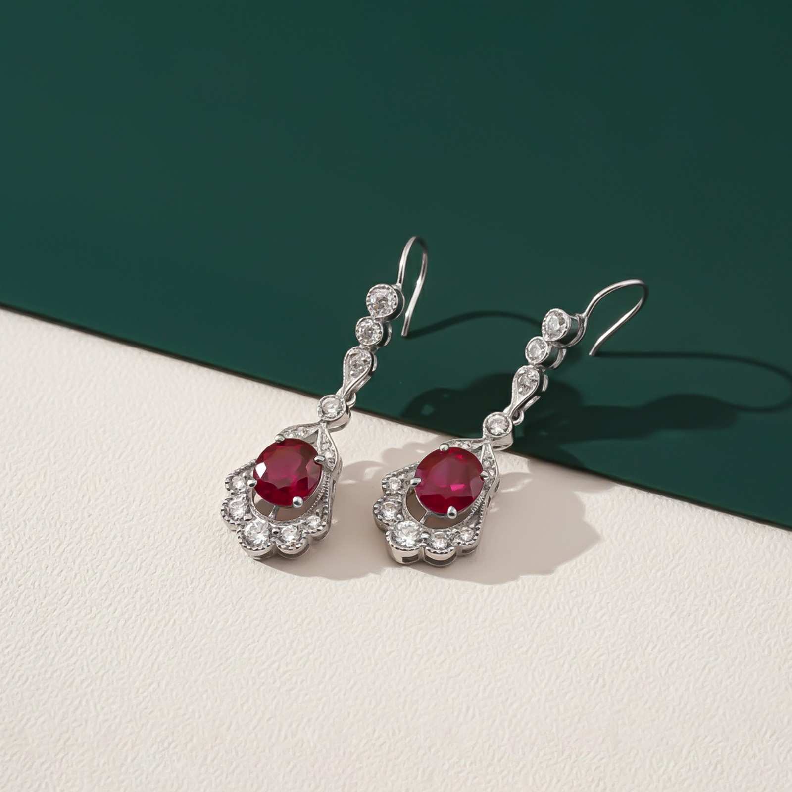 Silver Red Ruby Vintage Drop Earrings