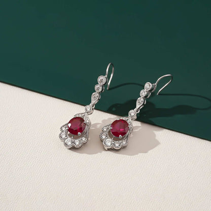 Silver Red Ruby Vintage Drop Earrings