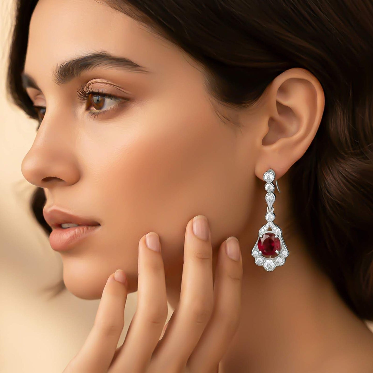 Silver Red Ruby Vintage Drop Earrings