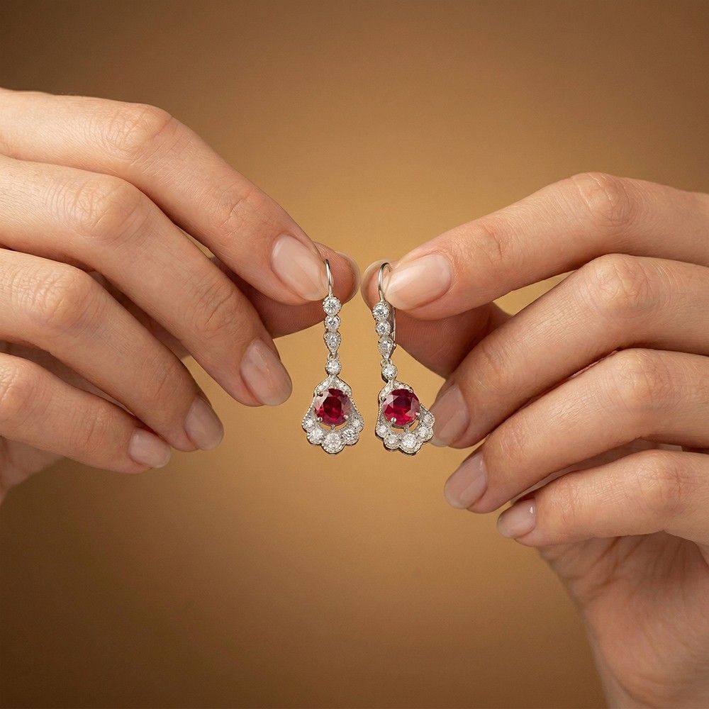 Silver Red Ruby Vintage Drop Earrings