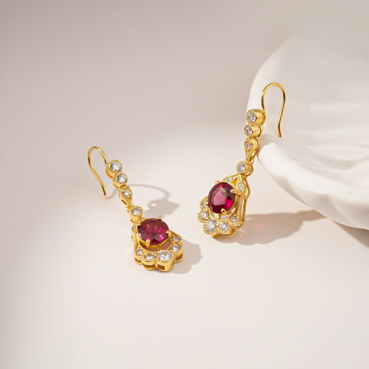 Silver Red Ruby Vintage Drop Earrings