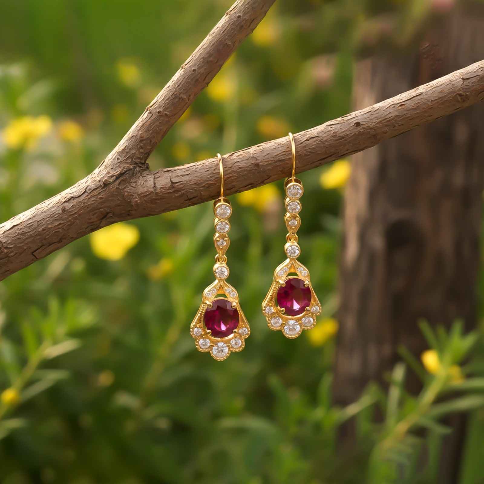 Silver Red Ruby Vintage Drop Earrings
