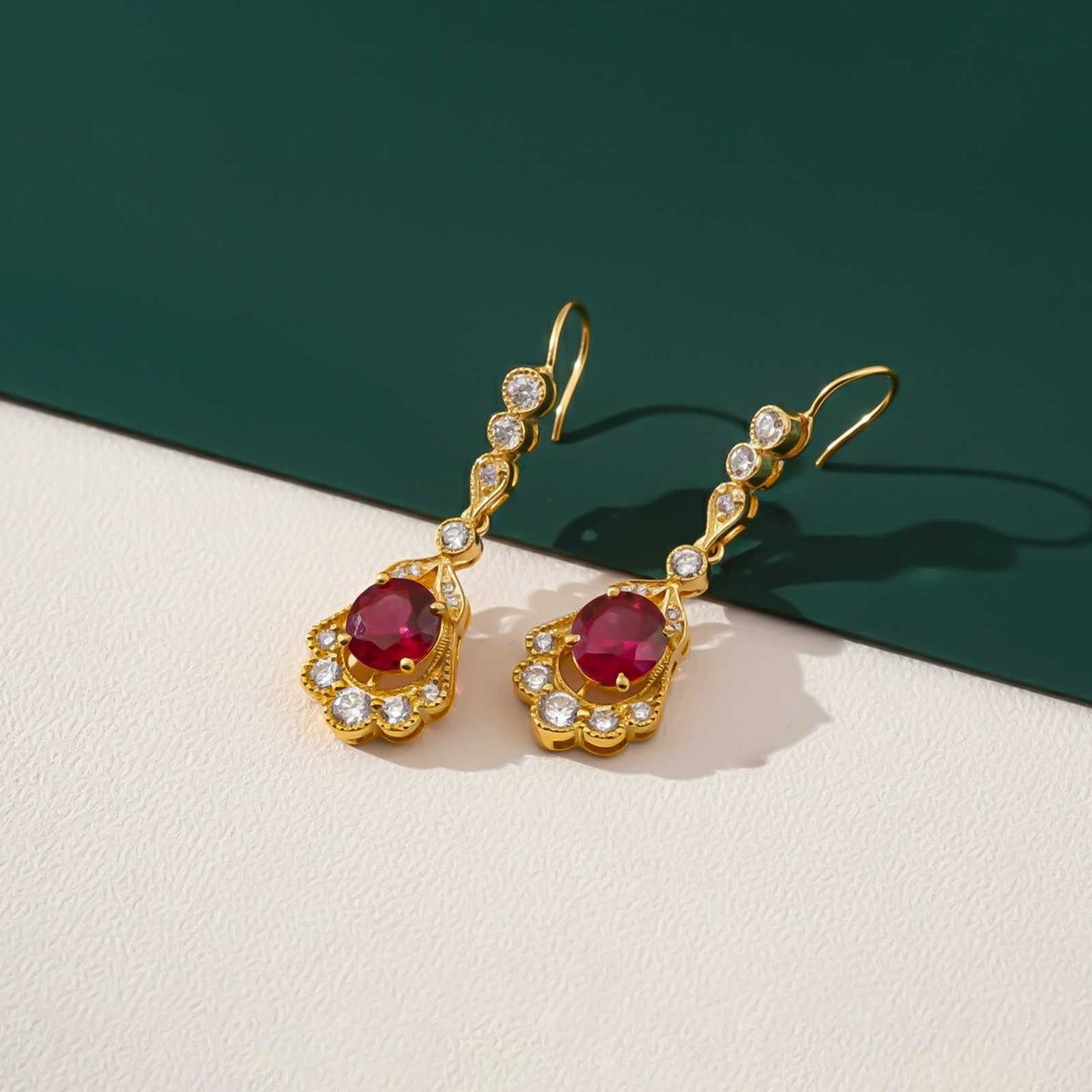 Silver Red Ruby Vintage Drop Earrings