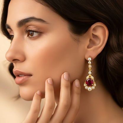 Silver Red Ruby Vintage Drop Earrings