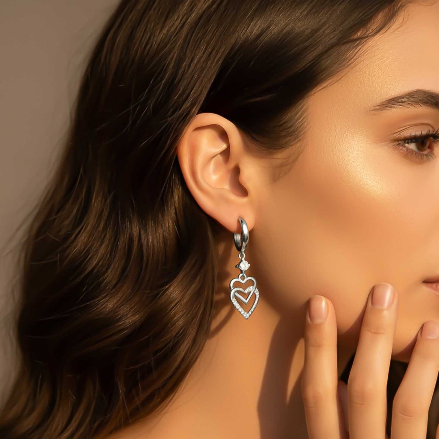 Silver CZ Double Heart Drop Earrings