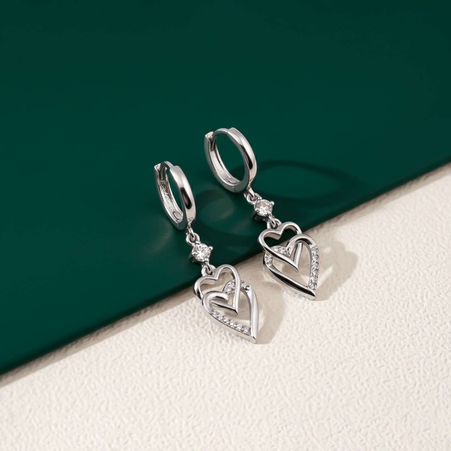 Silver CZ Double Heart Drop Earrings