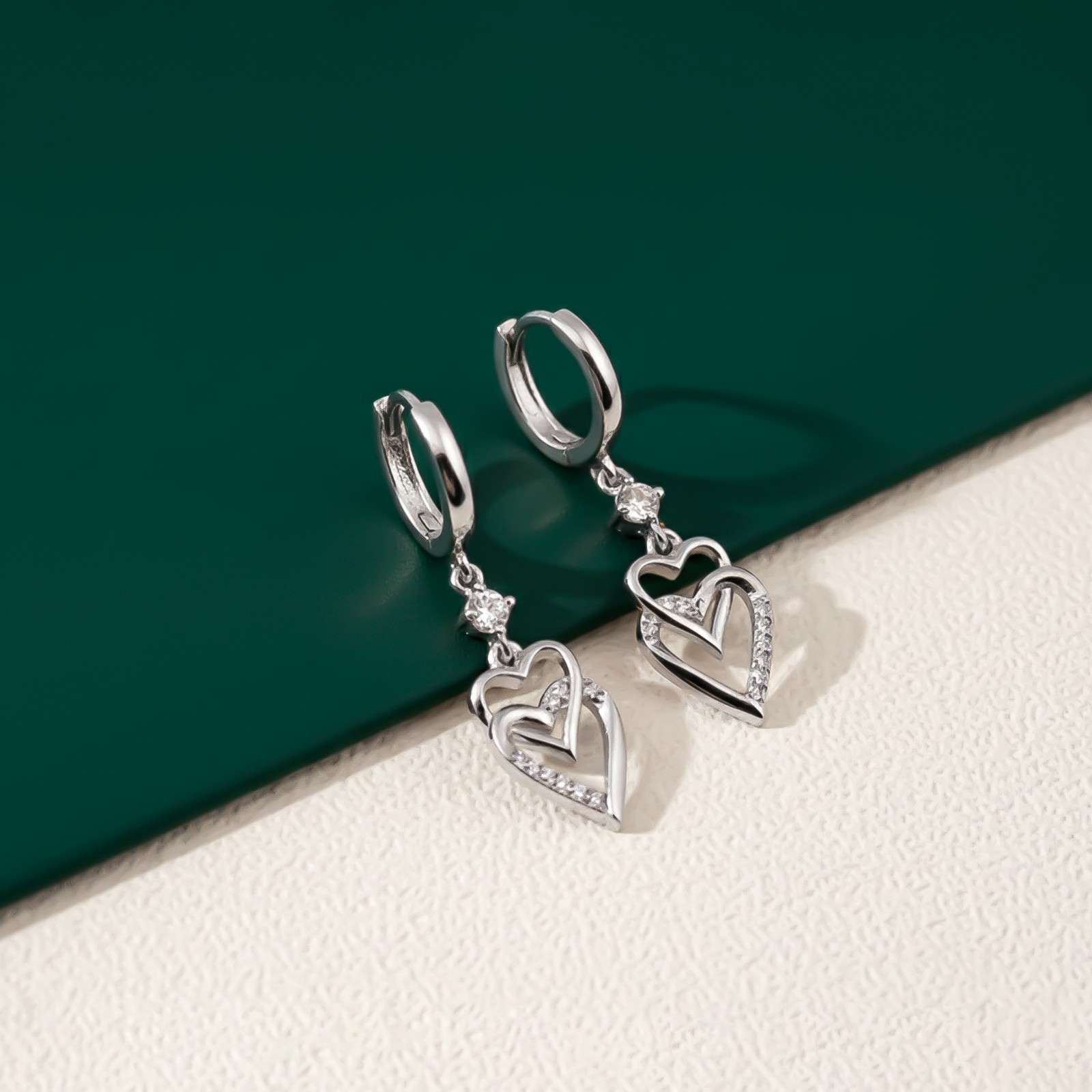 Silver CZ Double Heart Drop Earrings