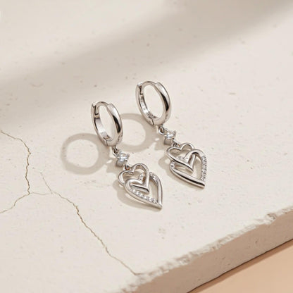 Silver CZ Double Heart Drop Earrings