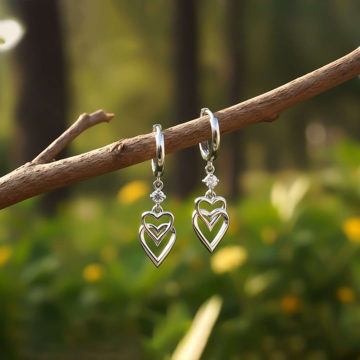 Silver CZ Double Heart Drop Earrings