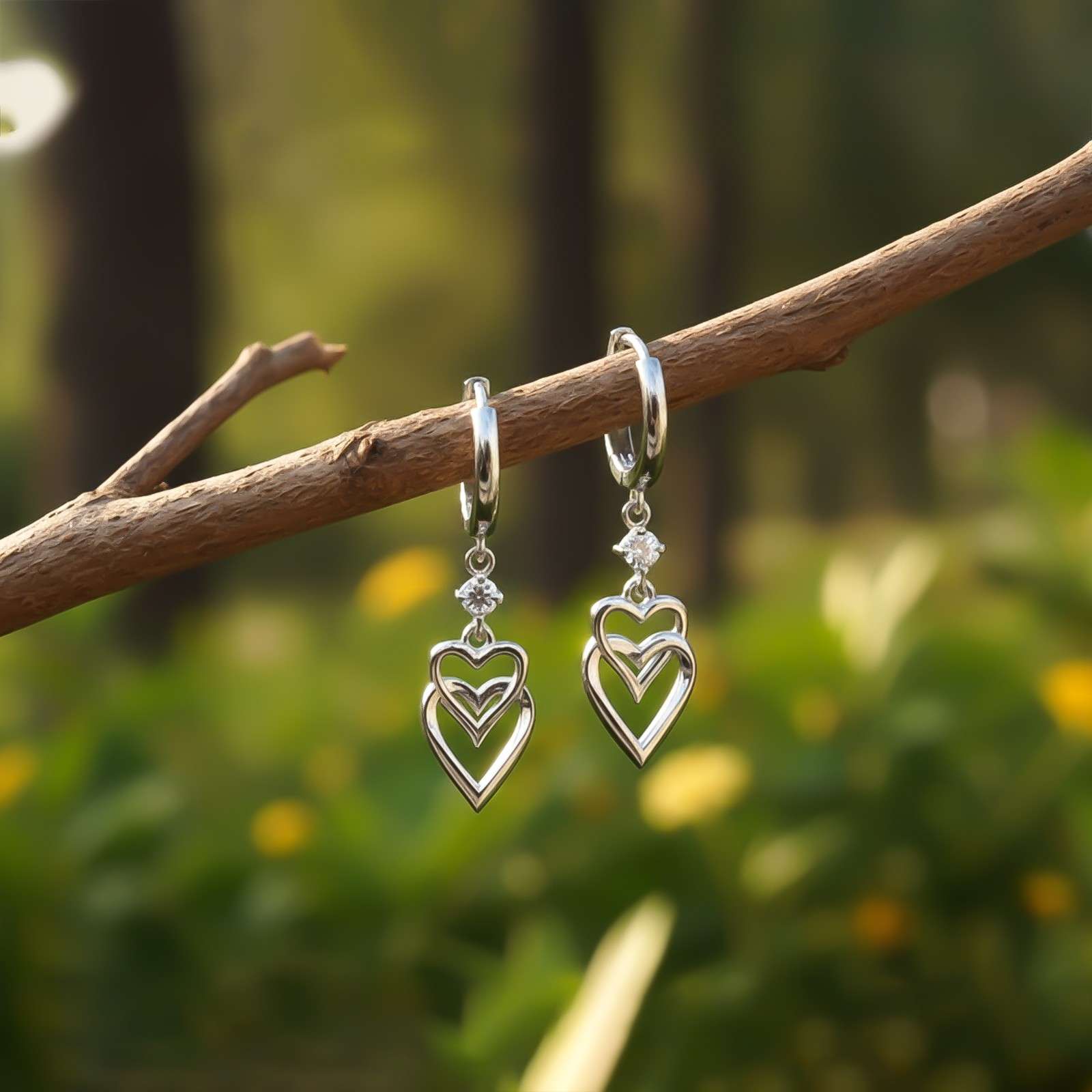 Silver CZ Double Heart Drop Earrings